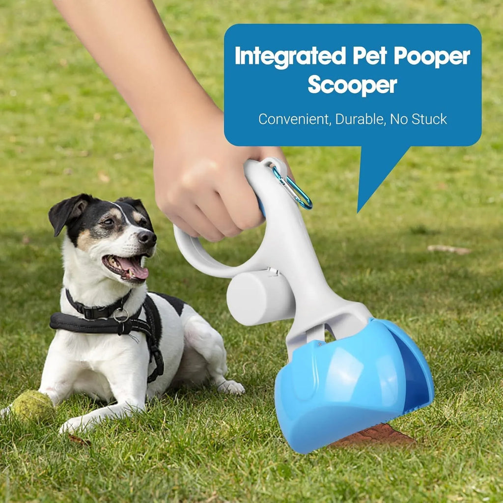 Black ABS plastic pet pooper scooper with built-in bag holder and top hanging hook.