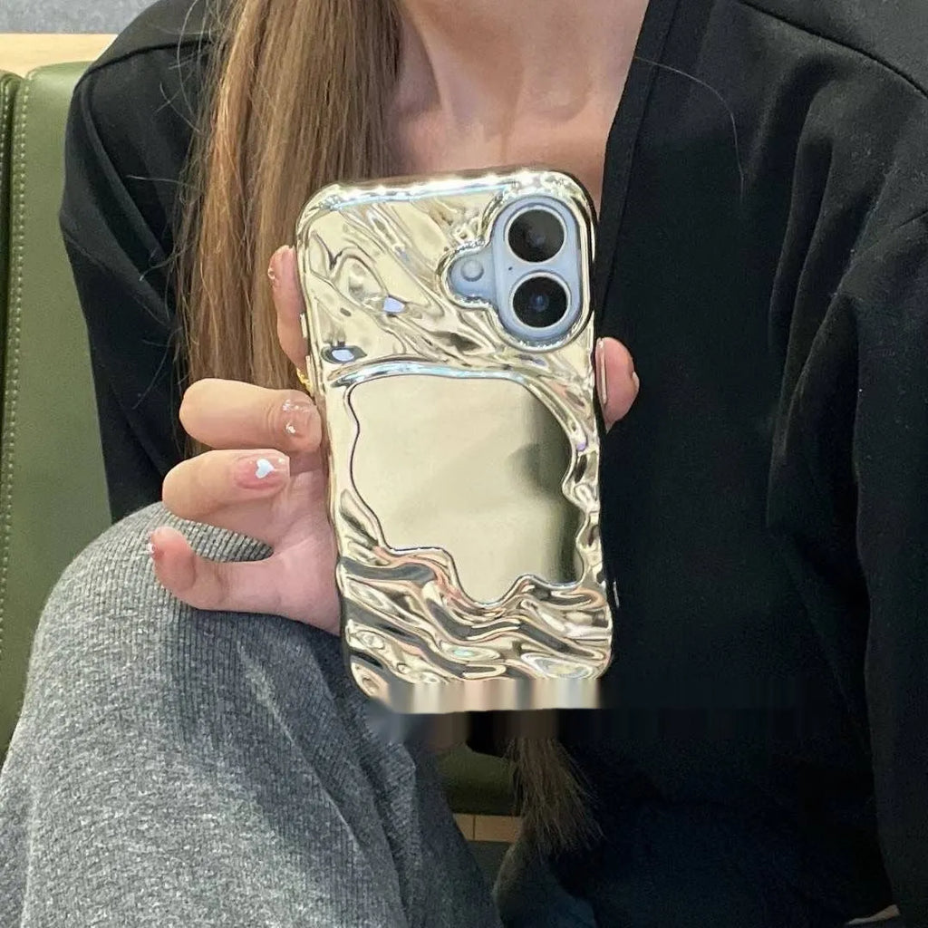 Solid colour iPhone case with water ripple texture and a small mirror, shown in beige colour.