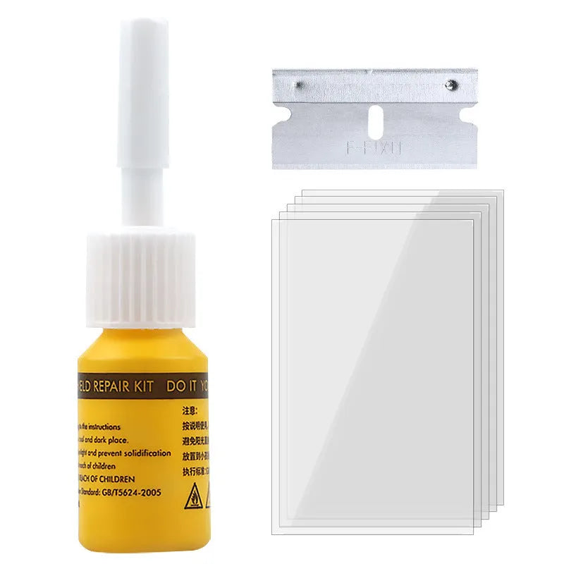Yellow car windscreen repair kit three-piece set with glass repairing liquid