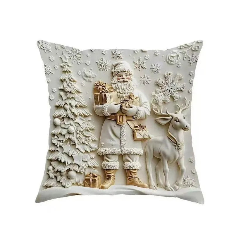 Christmas linen cushion cover with elk and rabbit cartoon design, available in square sizes 40x40cm, 45x45cm and 50x50cm