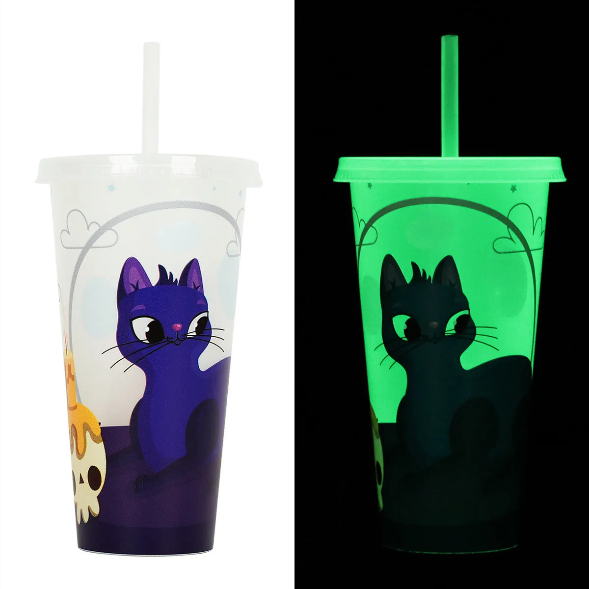 720ml plastic sippy cup with luminous straw in assorted colours for Halloween.