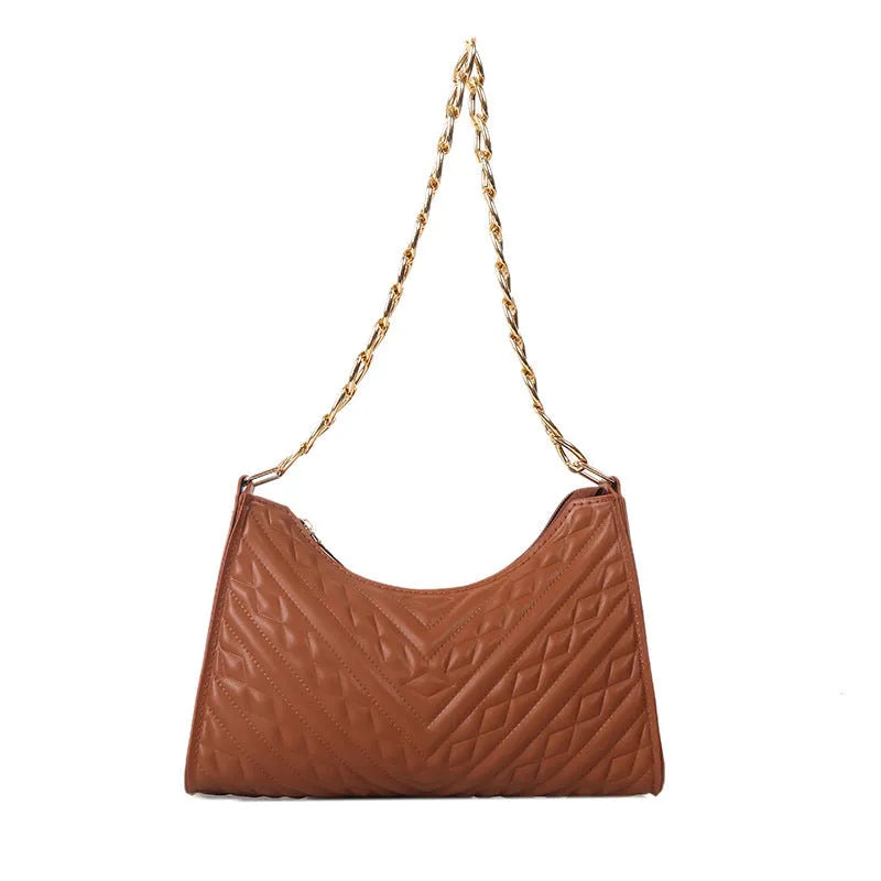 Brown vertical PU leather shoulder bag with a silver pleated chain strap and a soft handle.