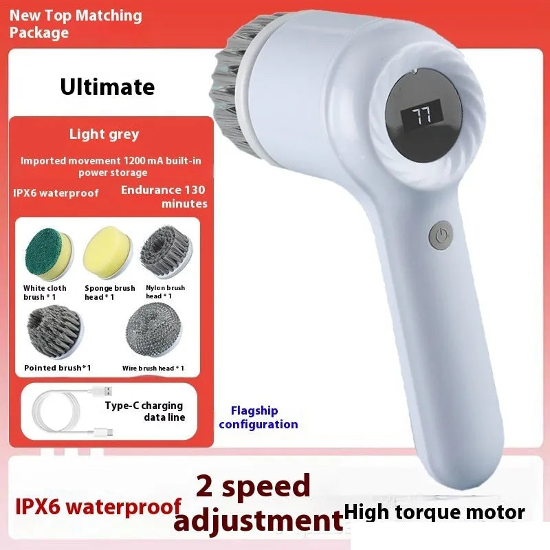 Light grey USB rechargeable electric cleaning brush with multiple interchangeable heads for kitchen use.