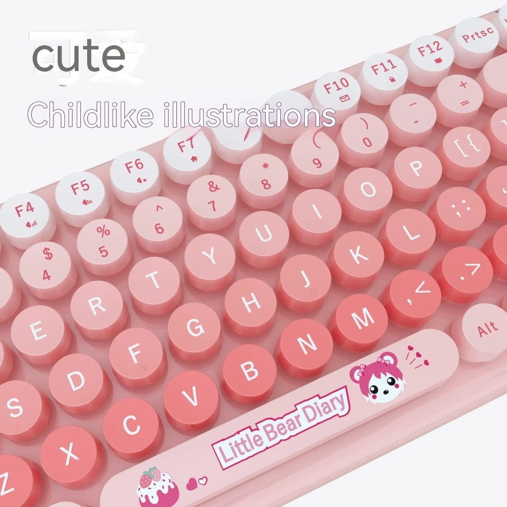 Candy pink wireless keyboard and mouse set with cartoon design on compact 43.5cm keyboard