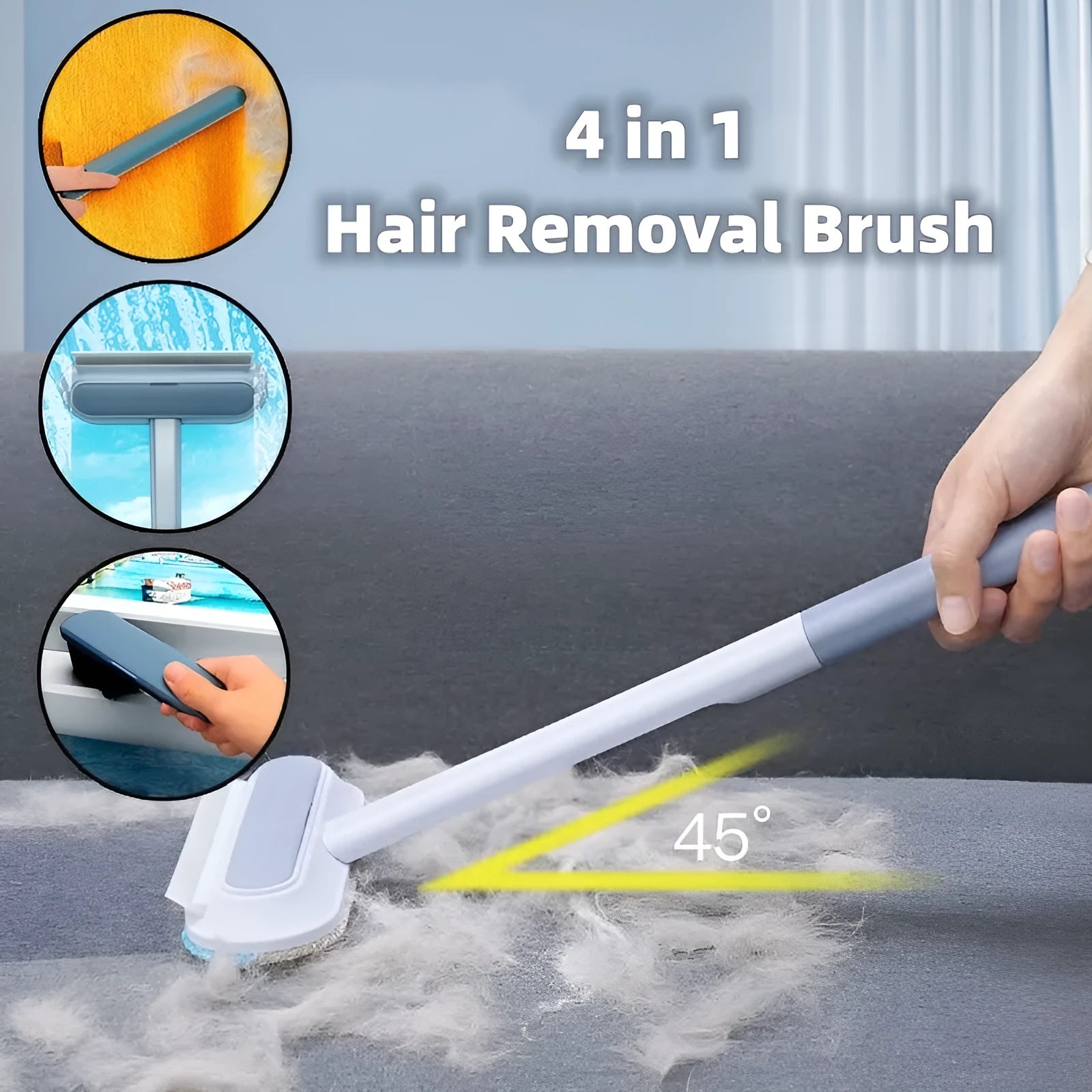 Multifunctional 4-in-1 screen cleaner and pet hair remover brush with flannel head and extension handle.