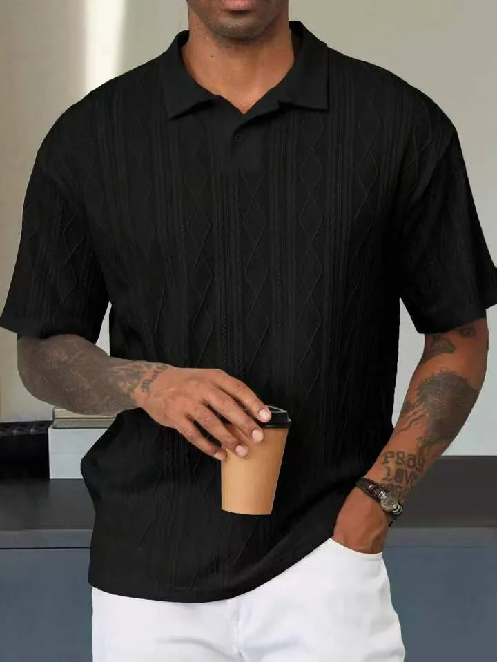 Men's short sleeve t-shirt with a retro button lapel detail and slit hem, in a solid colour.