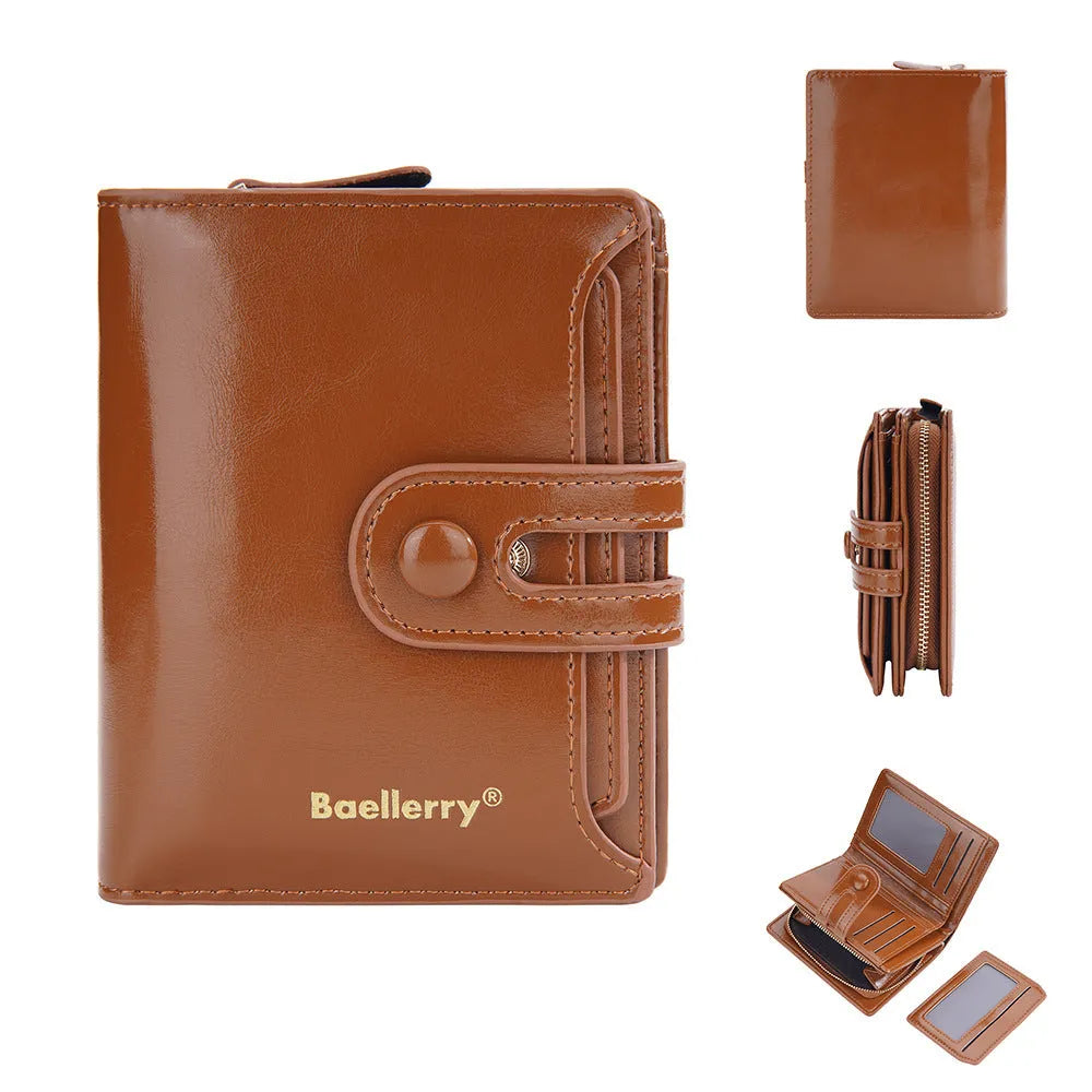 Women's PU leather wallet in multiple colour options showing card slots and cash compartment.