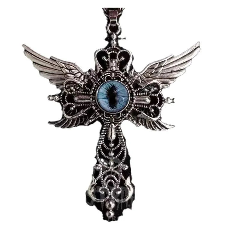 Creative devil wings and geometric cross pendant necklace in alloy on an adjustable chain.