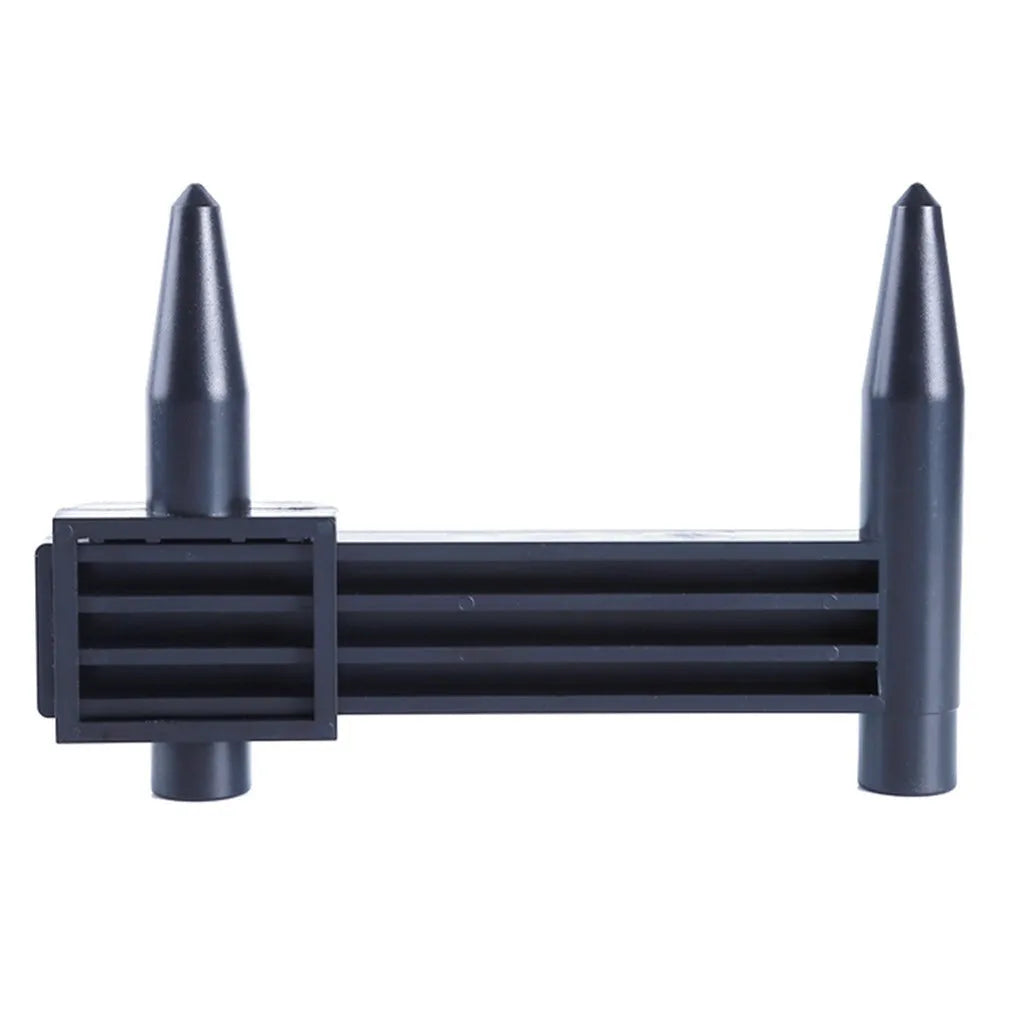 Plastic digital hole distance measuring ruler for wheel hub bolt patterns, showing digital display.