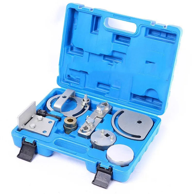 Volvo and Land Rover engine timing tool set with eight carbon steel pieces for professional cylinder head alignment.