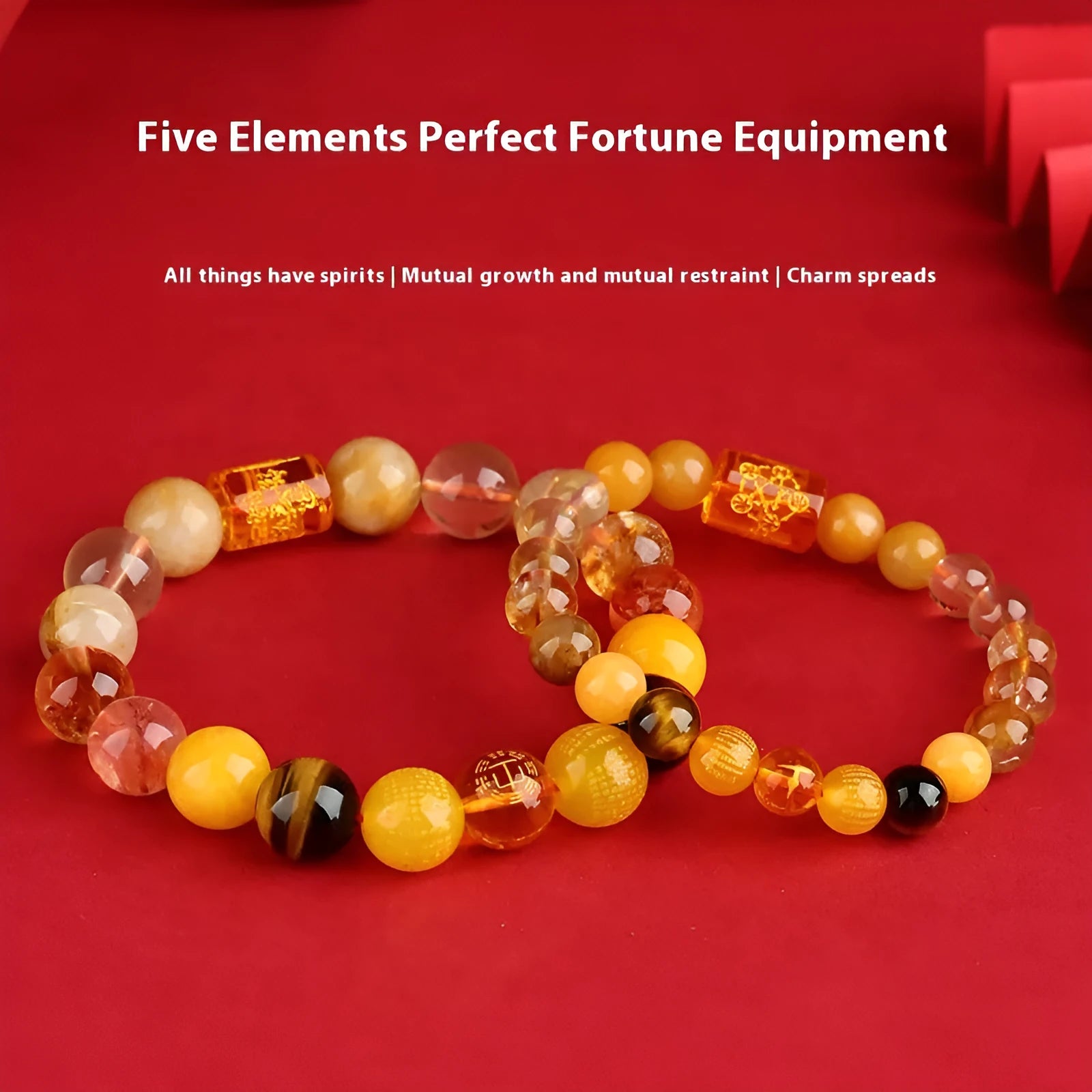 Handmade Five Elements crystal bracelet with gold wood water fire earth charms