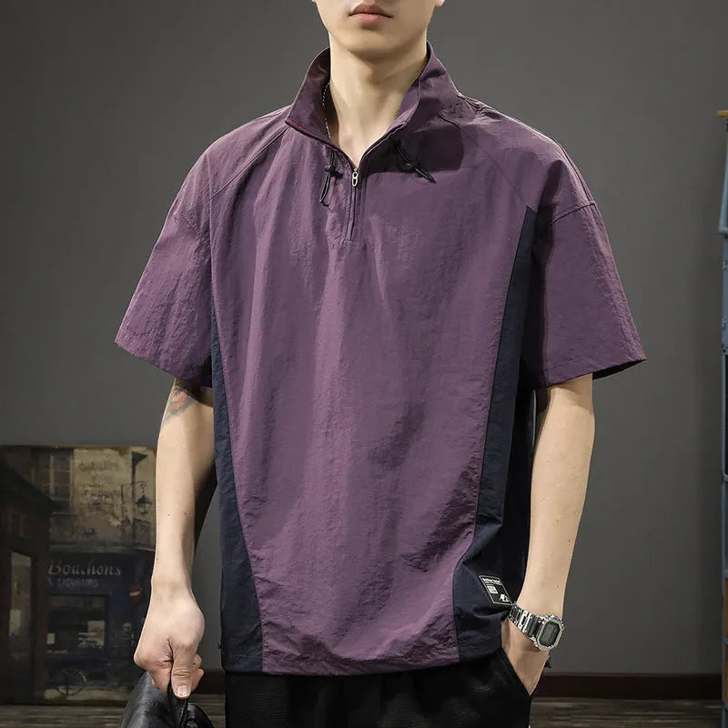 Brown men's half-zip stand collar short sleeve shirt with a fleece lining.