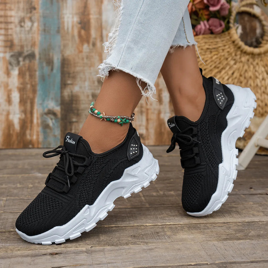 Women's Flyknit mesh sports casual shoes in multiple colours with flat heel and lace-up closure