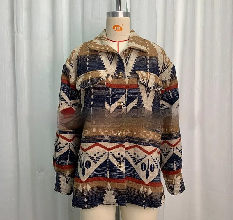 Women's loose aztec printed retro jacket in army green, khaki, or sapphire blue.