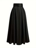 Women's high waist pure color satin skirt with lace-up detail in black, front view