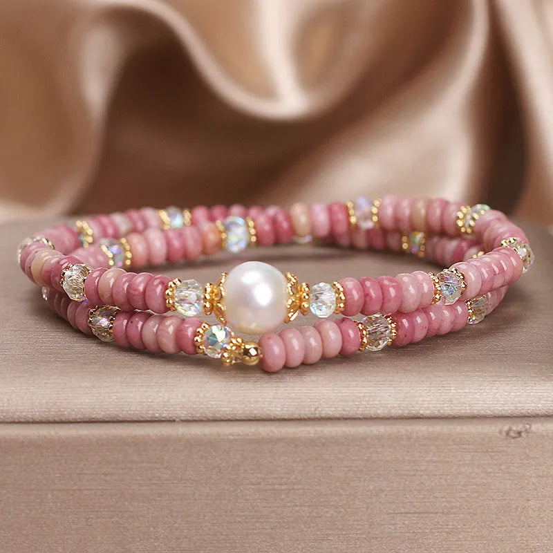 Red hair crystal bracelet for women with chalcedony lotus seedpod pendant and imitation pearl double circle design