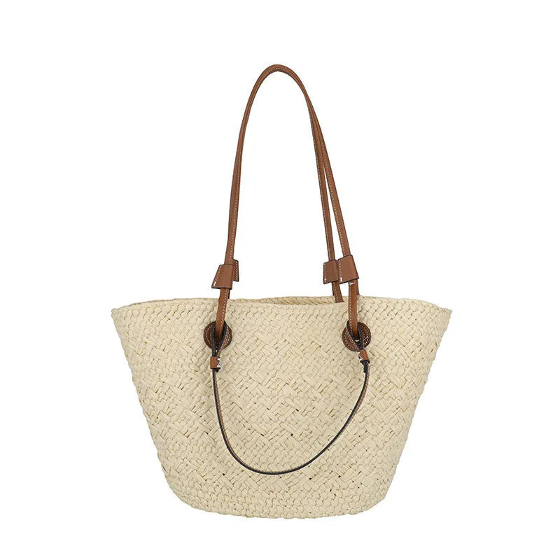 Large capacity woven shoulder bag in European American retro style with dual carrying options