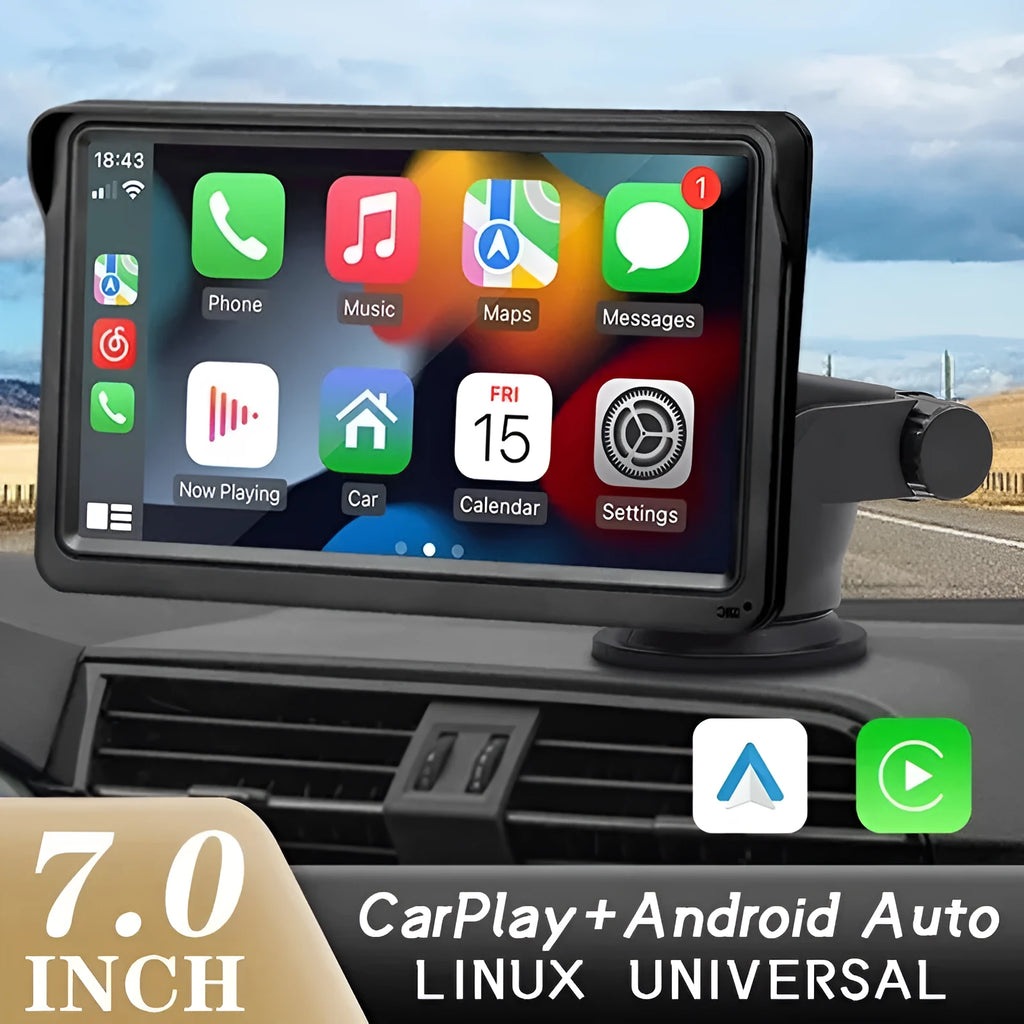 7-inch car display screen for wireless CarPlay and Android Auto on a dashboard