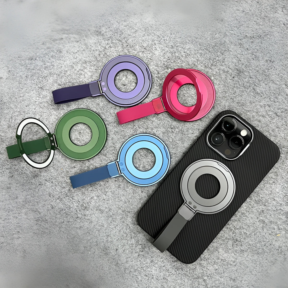 Round silicone magnetic wrist strap phone holder in red, purple, green, blue or black