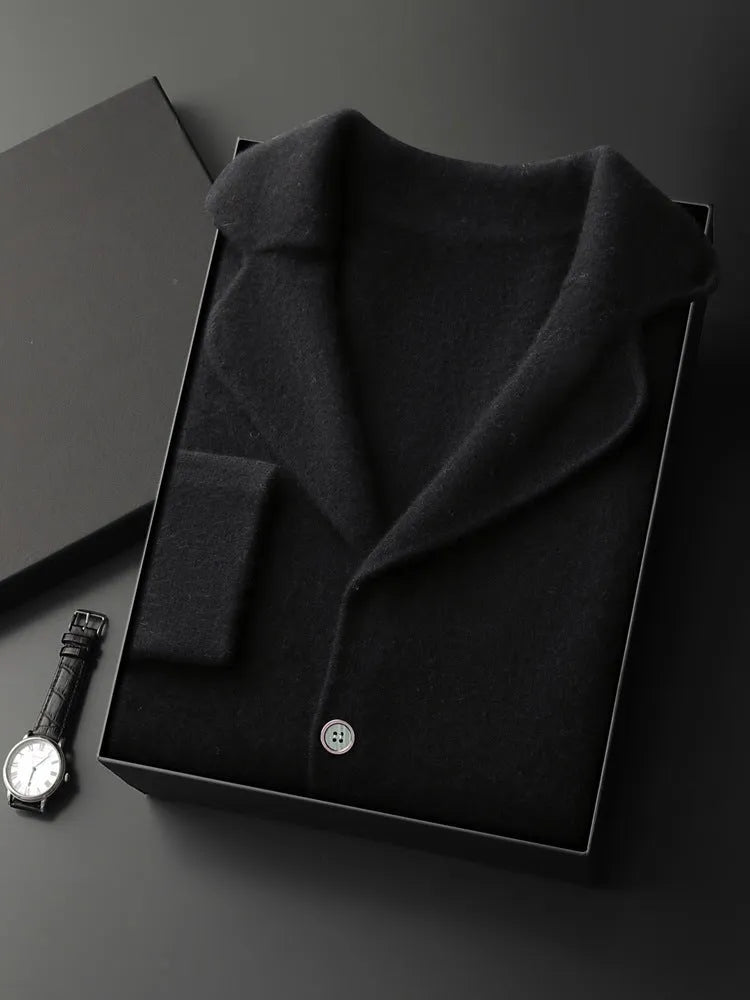Men's cashmere cardigan knitted jacket in loose fit casual style showing colour options