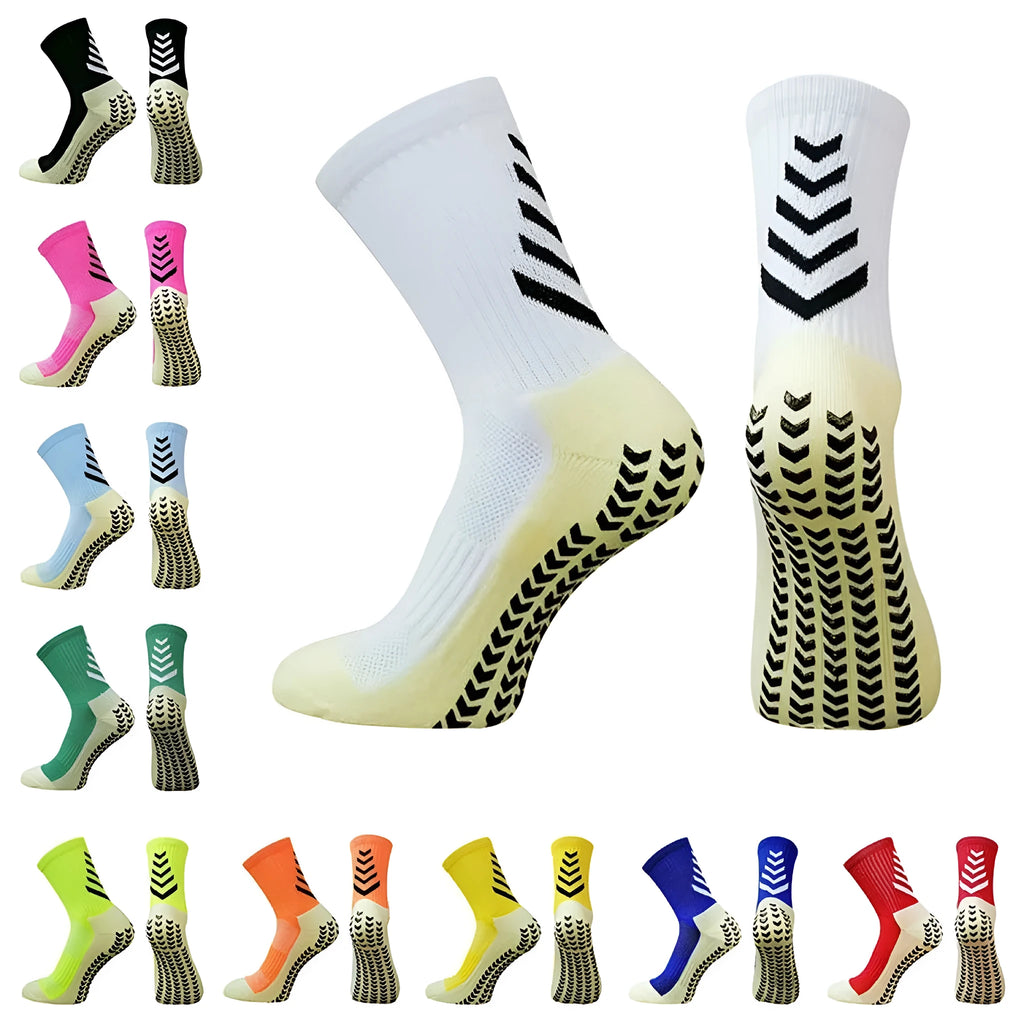 Men's non-slip mid-calf athletic sports socks in multiple colours including arrow black and sapphire blue.