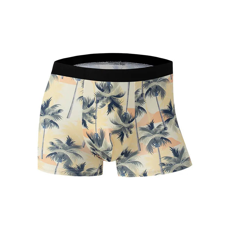 Ice silk men's underwear with fashion printing patterns and mid-waist design on breathable polyester fabric