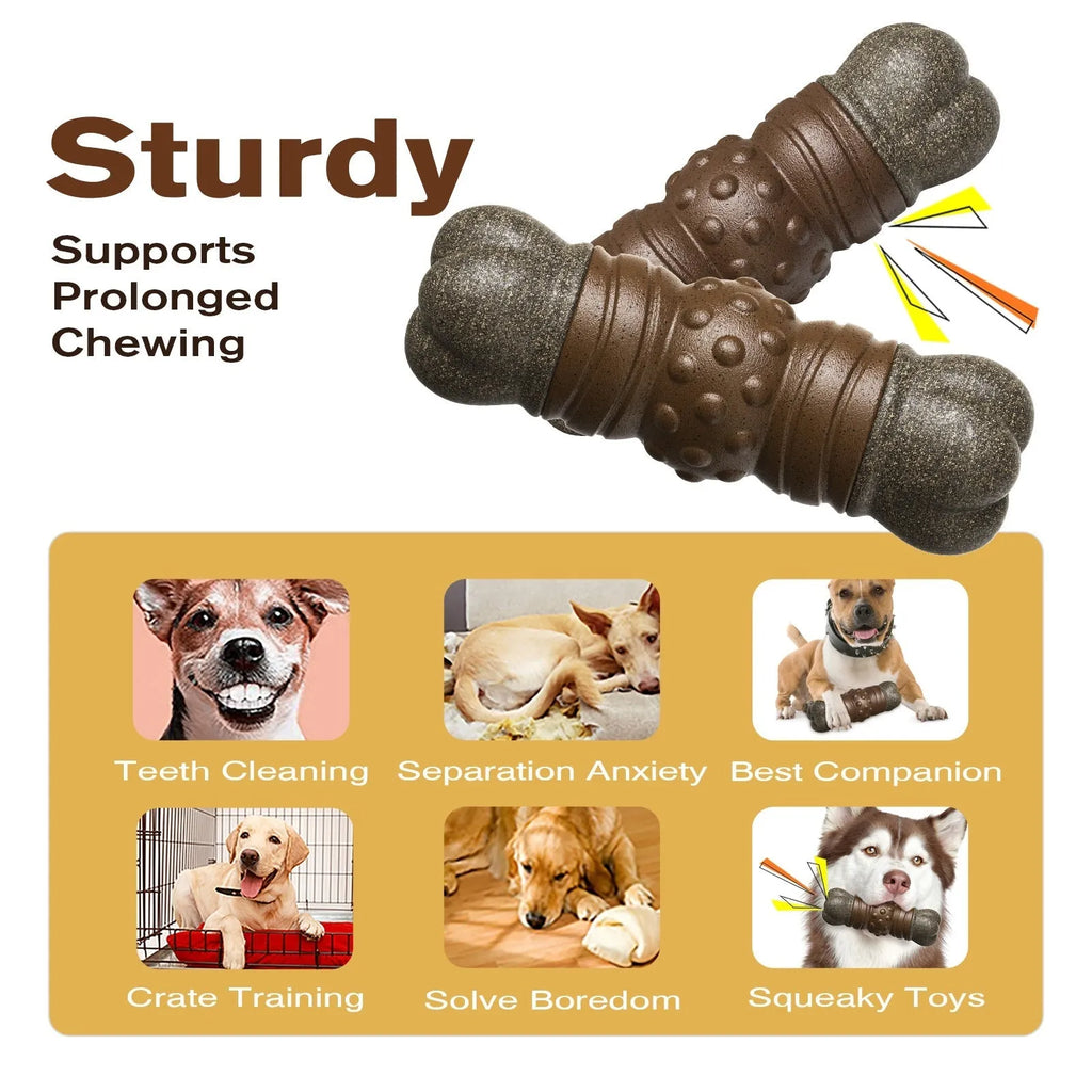 Wood colour plastic bone-shaped dog chew toy designed as a molar rod toothbrush.