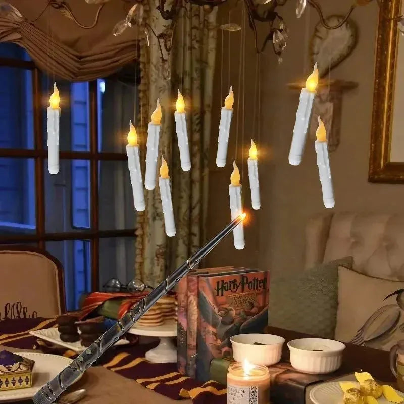 12 white floating LED candles with magic wand remote control and hanging hooks for Halloween decoration