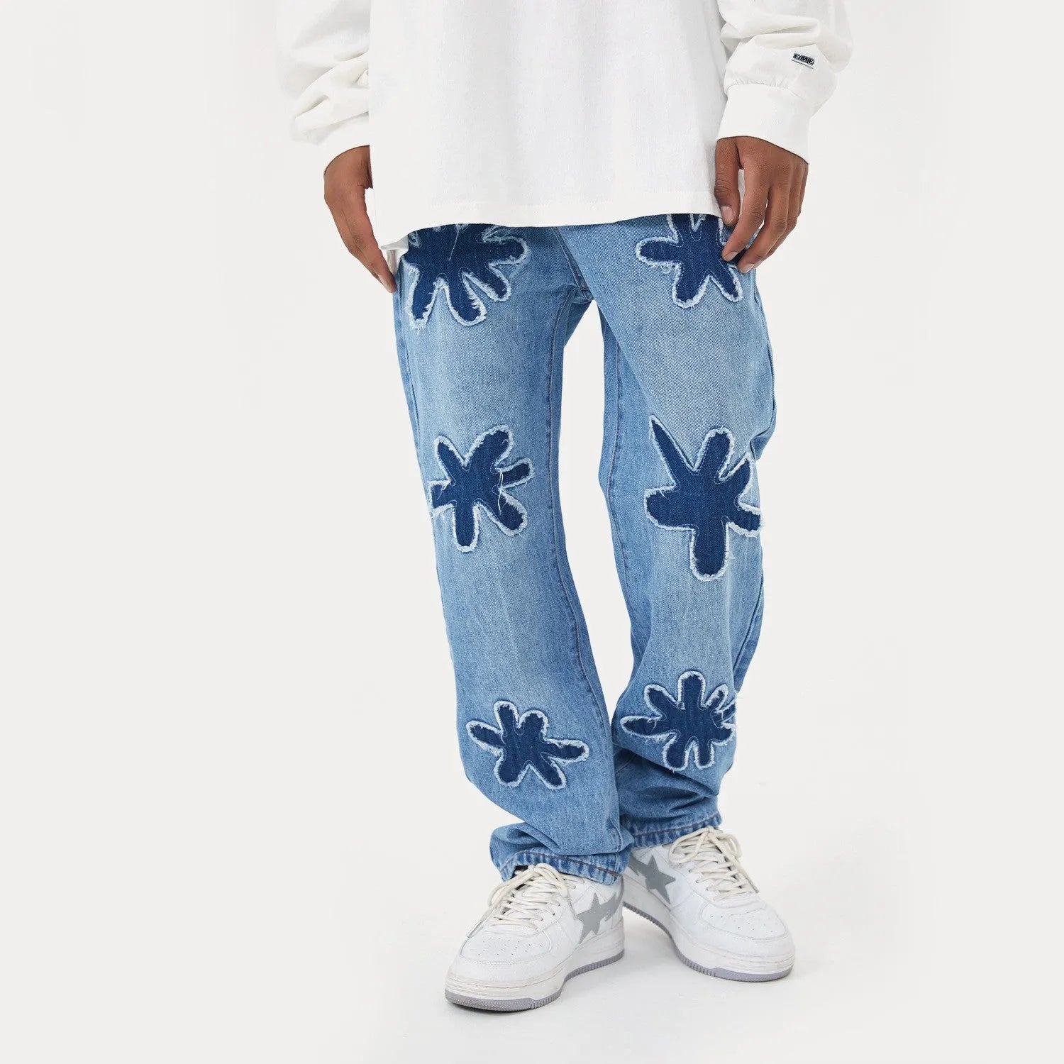 Retro burnt flowers niche wash straight-leg old jeans for men and women in light blue coffee black cotton denim mid-waist trousers