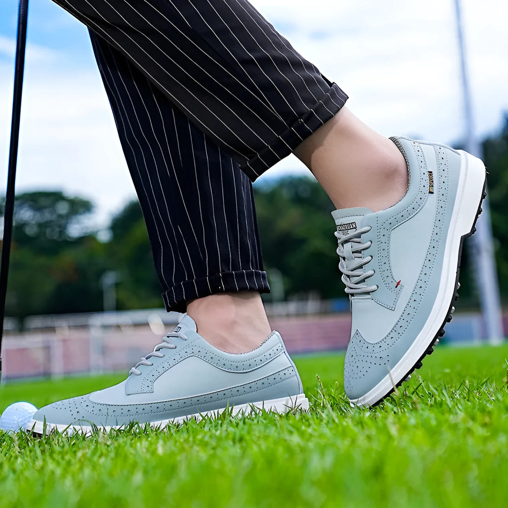 Men's lake blue and white genuine leather golf shoes with non-slip rubber outsoles