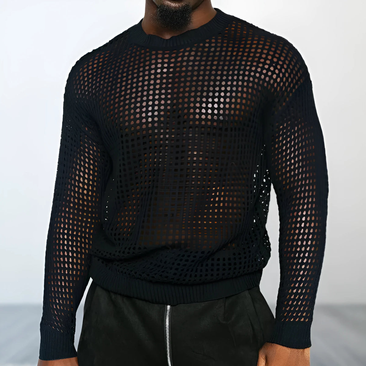 Black loose fit thin round neck acrylic pullover sweater on plain background