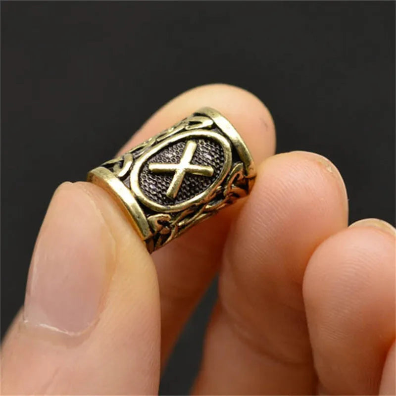 Set of 24 alloy Viking rune beard beads in antique silver, bronze, and red brass finishes, 13x10mm with 6mm inner diameter
