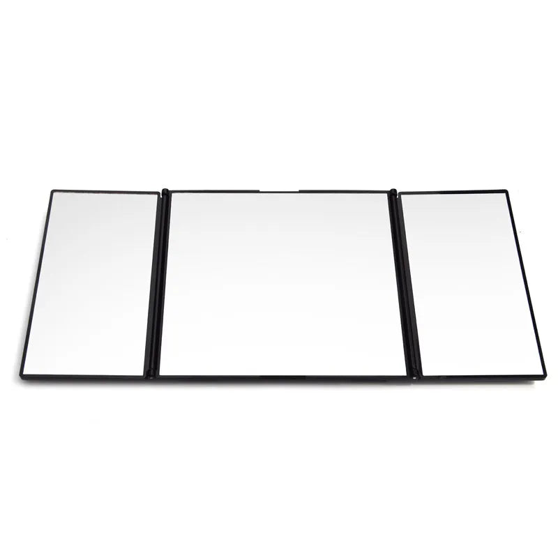 Silver car folding makeup mirror shown closed and opened, with ABS plastic frame and glass mirror.