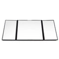 Silver car folding makeup mirror shown closed and opened, with ABS plastic frame and glass mirror.
