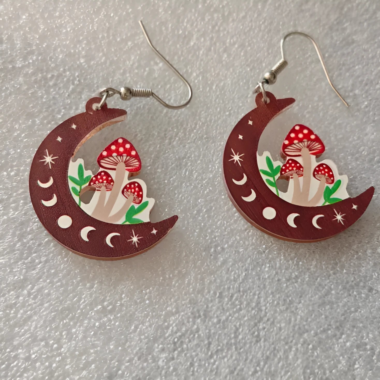 Cute acrylic mushroom earrings for children and women, brown colour, printed animal zodiac design, one pair