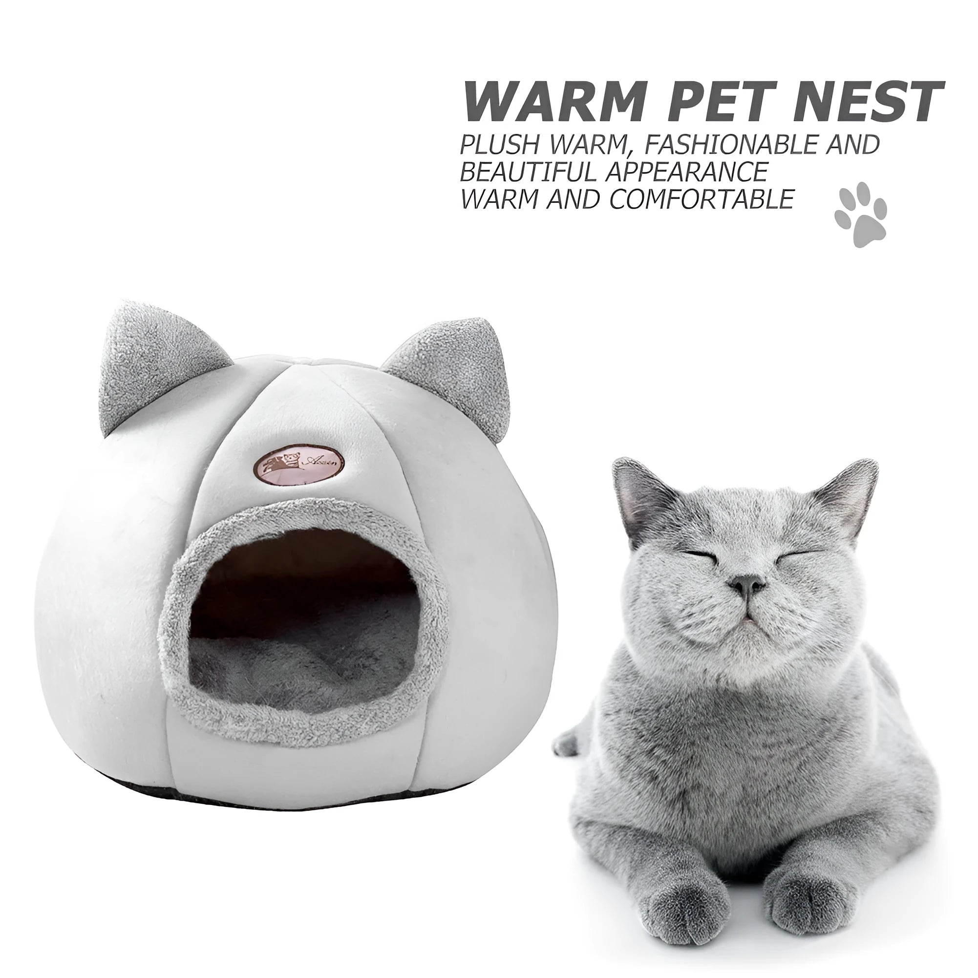Grey enclosed cat sofa bed with a round entrance hole, showing a soft plush interior and removable cushion.
