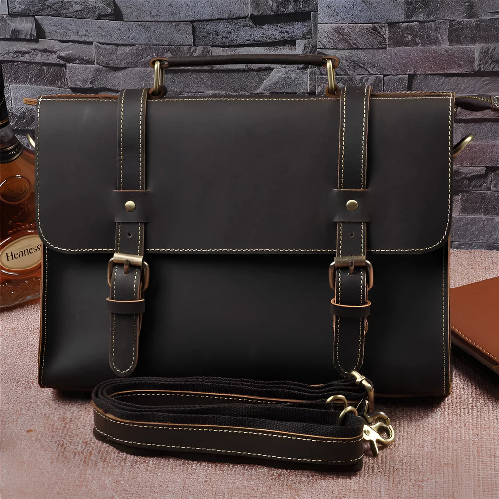 Men's genuine cowhide crazy horse leather handbag in dark brown with lock opening, 13 inches