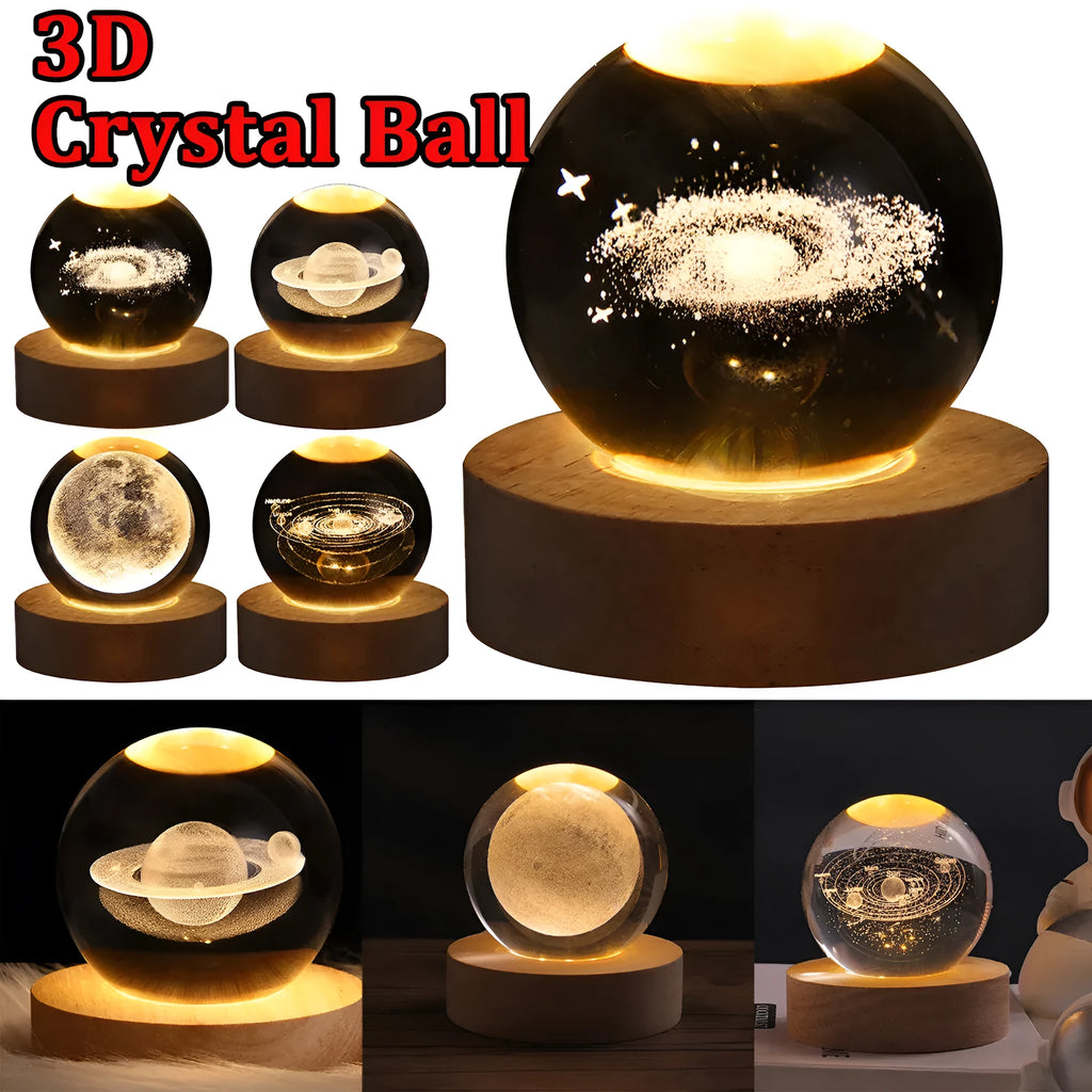 Clear crystal ball LED night light showing a 3D galaxy or planet design, lit from within on a table.