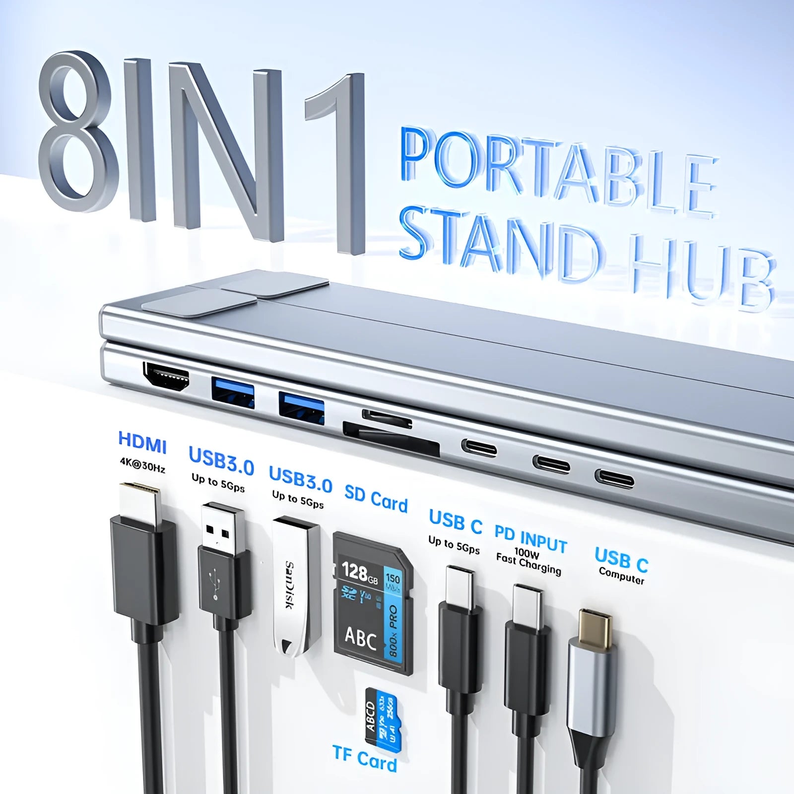 Aluminium foldable 8-in-1 docking station and laptop stand with multiple ports.