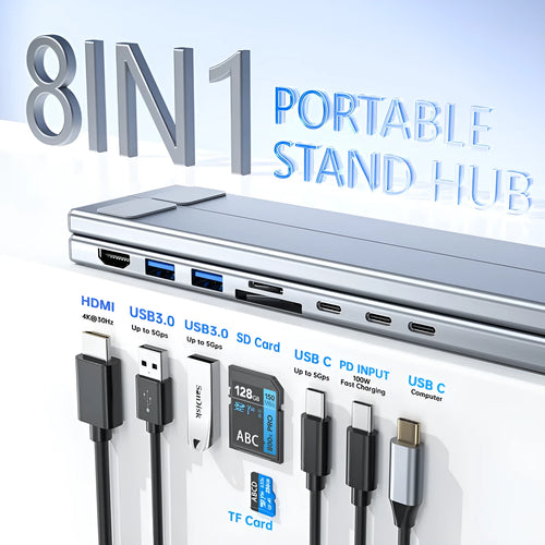 Aluminium foldable 8-in-1 docking station and laptop stand with multiple ports.