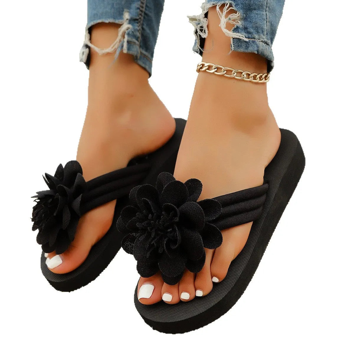 Floral pattern EVA flip-flop beach shoes in beige, red, black and green colour options