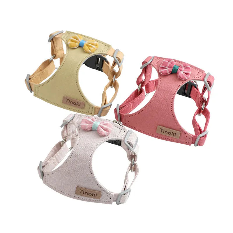 Dog hand holding rope vest small dog chest harness set in beige dots flowers with traction rope