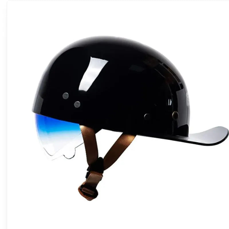 Men's bright black retro half helmet for electric bicycles with a gradient blue lens.