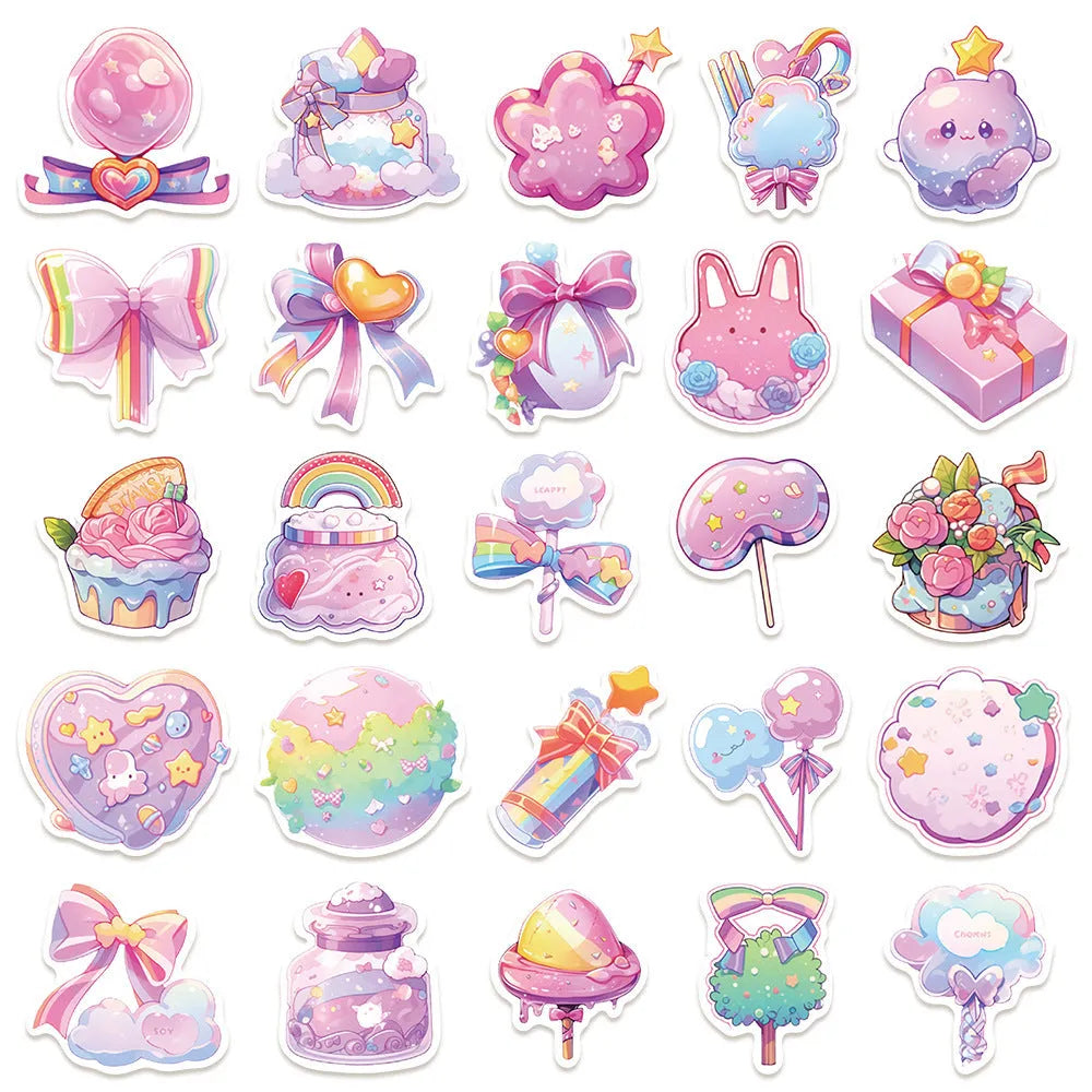 Pack of 50 cute candy and small object design waterproof stickers for journal decoration.