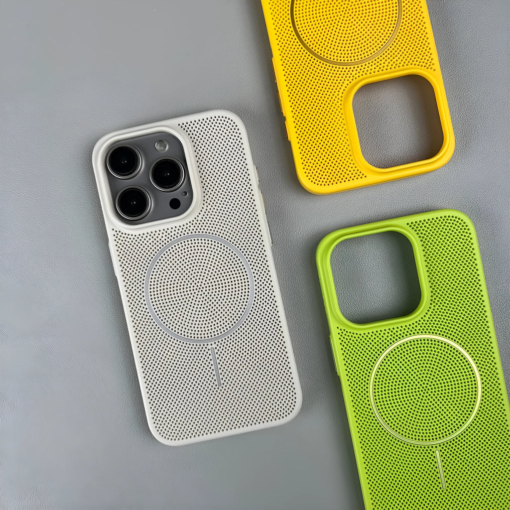 Thin ring magnetic phone case for iPhone showing shockproof protection and heat dissipation design in multiple colour options