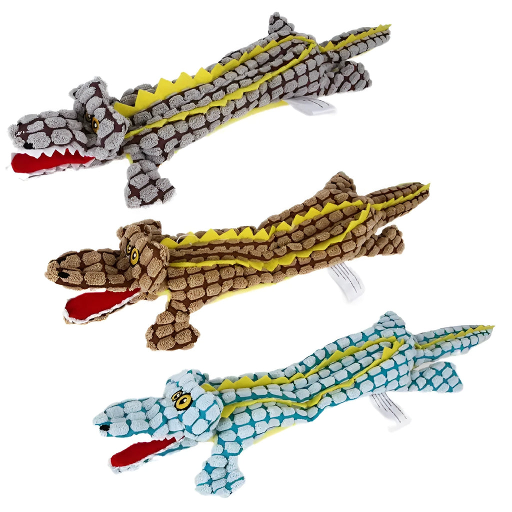 Blue corduroy crocodile-shaped squeaky dog toy shown next to size measurement
