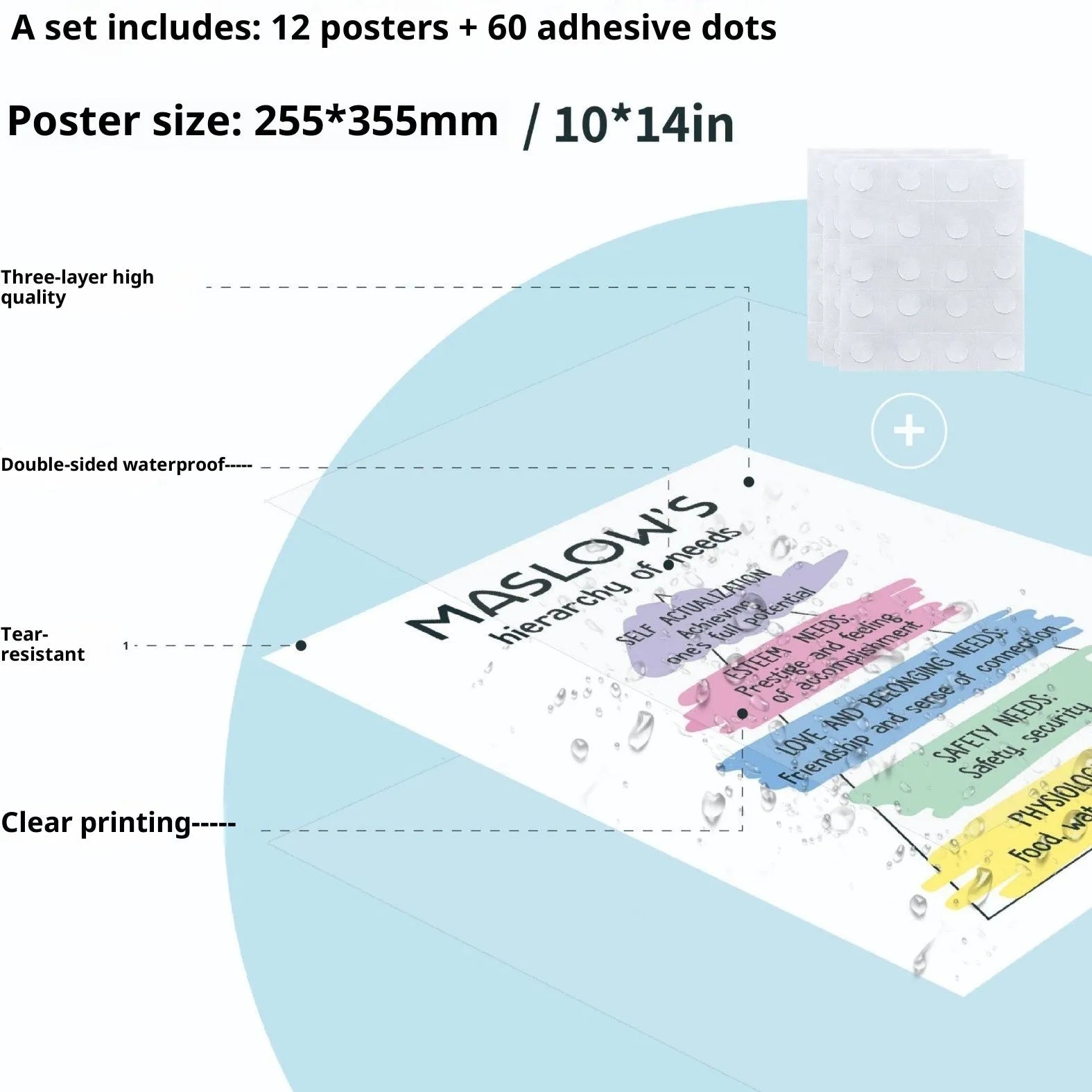 Set of 12 mental health posters with bright film finish, each 255x355mm, on a white background with 60 glue dots