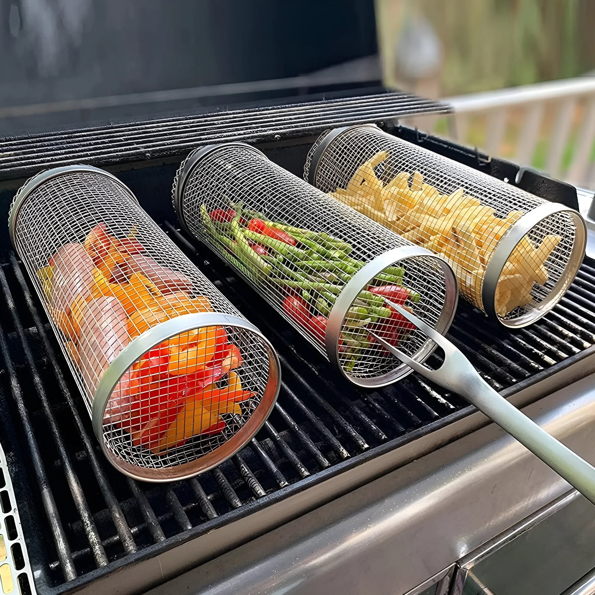 A cylindrical iron wire mesh rolling barbecue basket with a metal hook for handling.
