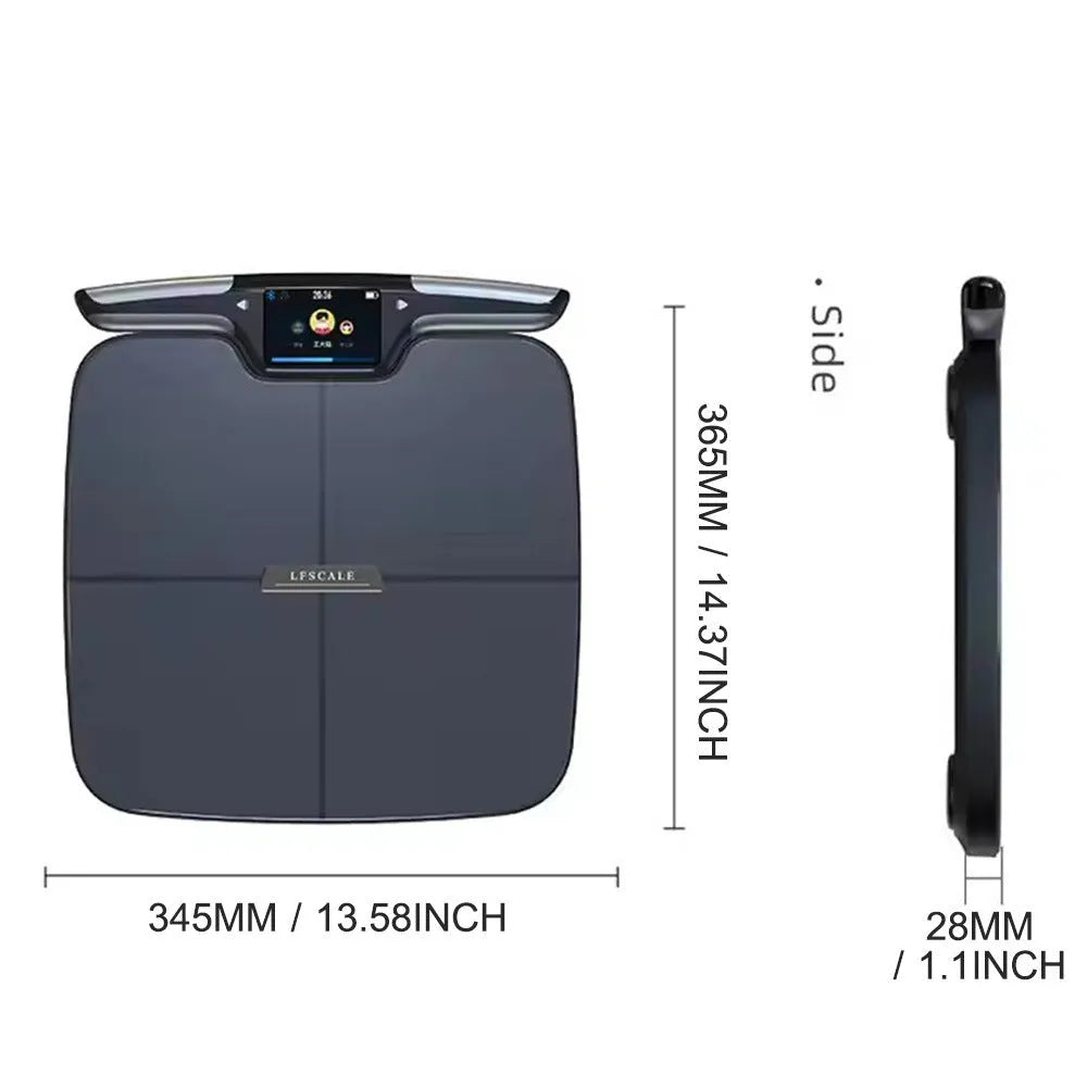 Black square eight-electrode body fat scale on a bathroom floor