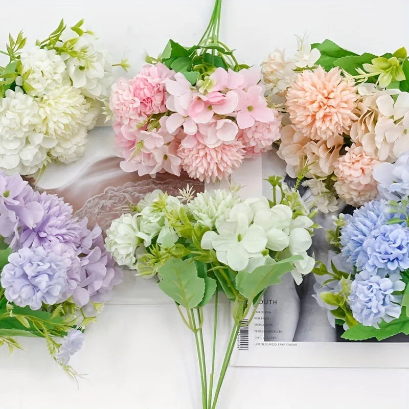 Artificial hydrangea combination in raw silk and plastic, available in white, blue, pink, purple, and green, 1pc or 4pc